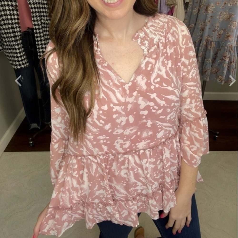 Entro Floral Loose-Fitting Blouse‎ in Blush Pink Sz Med